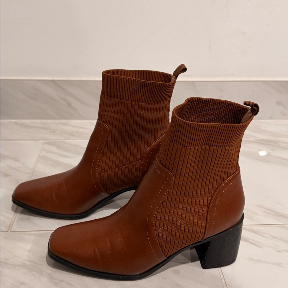 Amazon Brown Ribbed Sock Ankle Boots with Block Heel